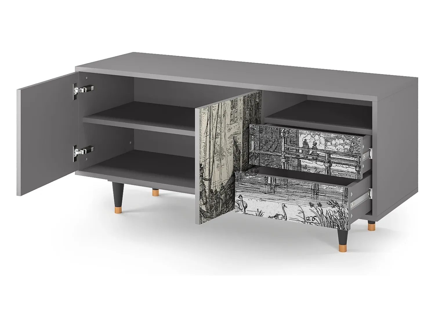 Mueble de TV - 125х56х41 cm - T7 - Castle with Bridge, Cinza^ Móvel De Tv