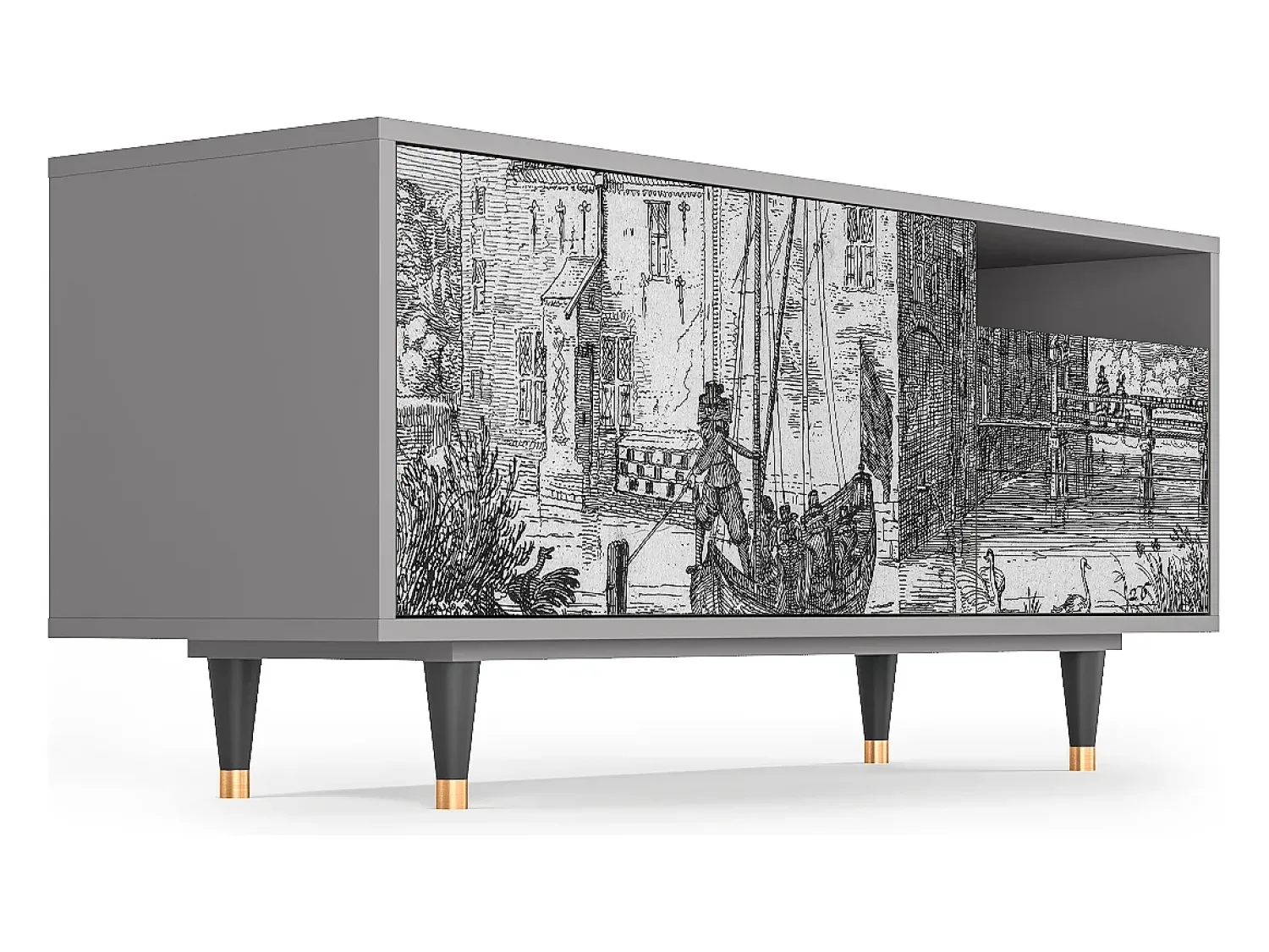 Mueble de TV - 125х56х41 cm - T7 - Castle with Bridge, Cinza^ Móvel De Tv