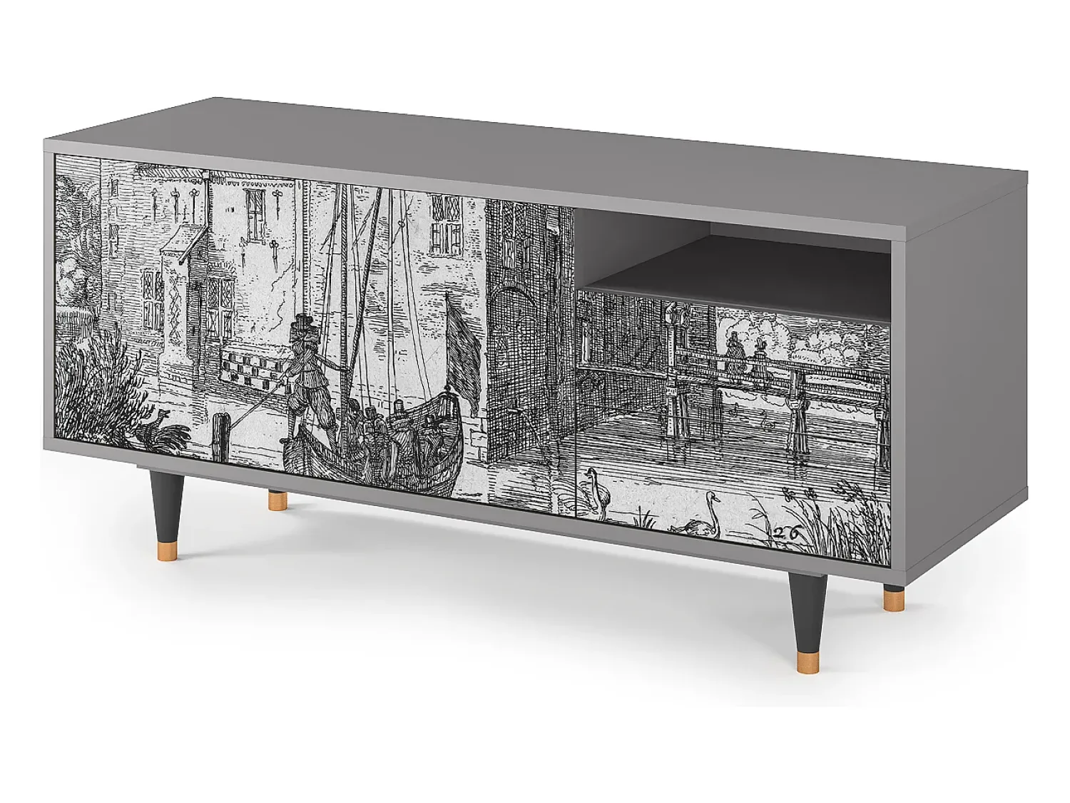Mueble de TV - 125х56х41 cm - T7 - Castle with Bridge, Cinza^ Móvel De Tv