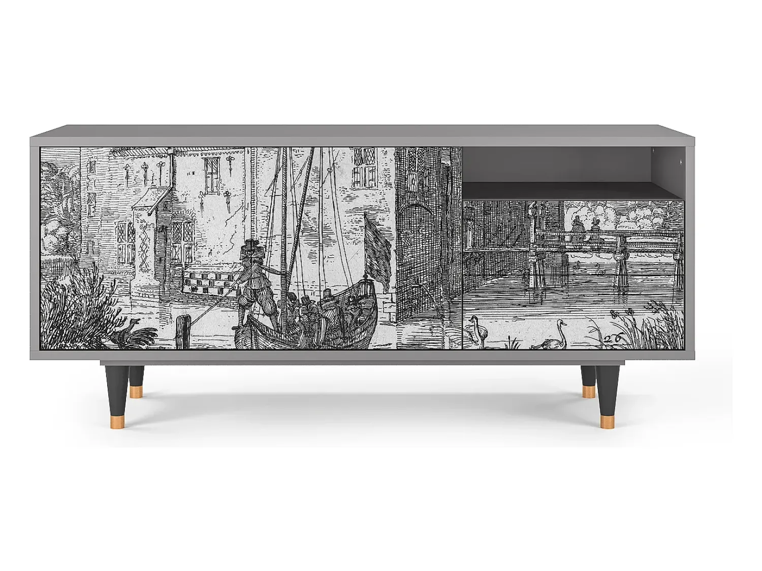 Mueble de TV - 125х56х41 cm - T7 - Castle with Bridge, Cinza^ Móvel De Tv