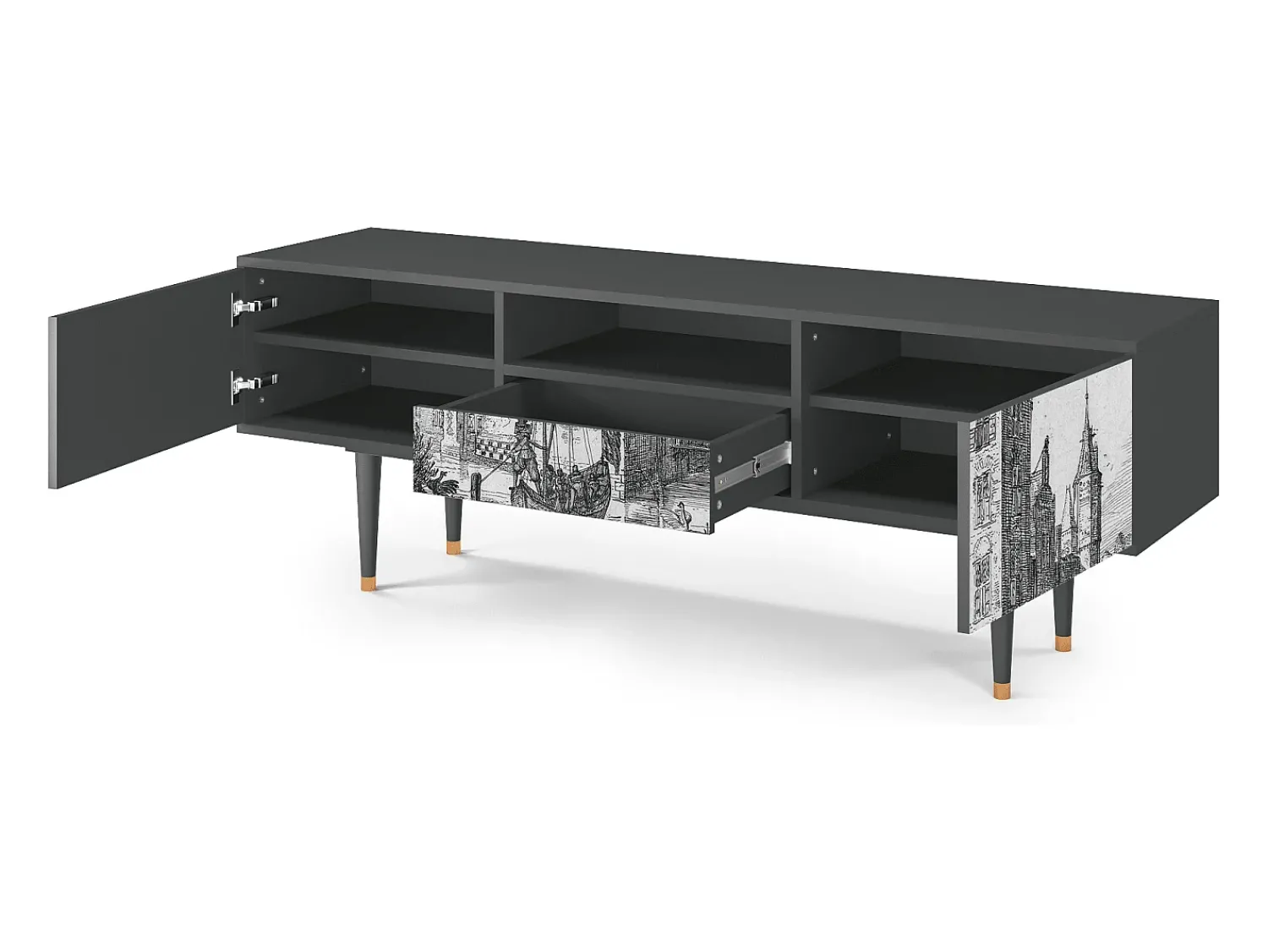 Móvel De Tv* Mueble de TV - 170х59х41 cm - T6 - Castle with Bridge, Antracite Cinza antracite