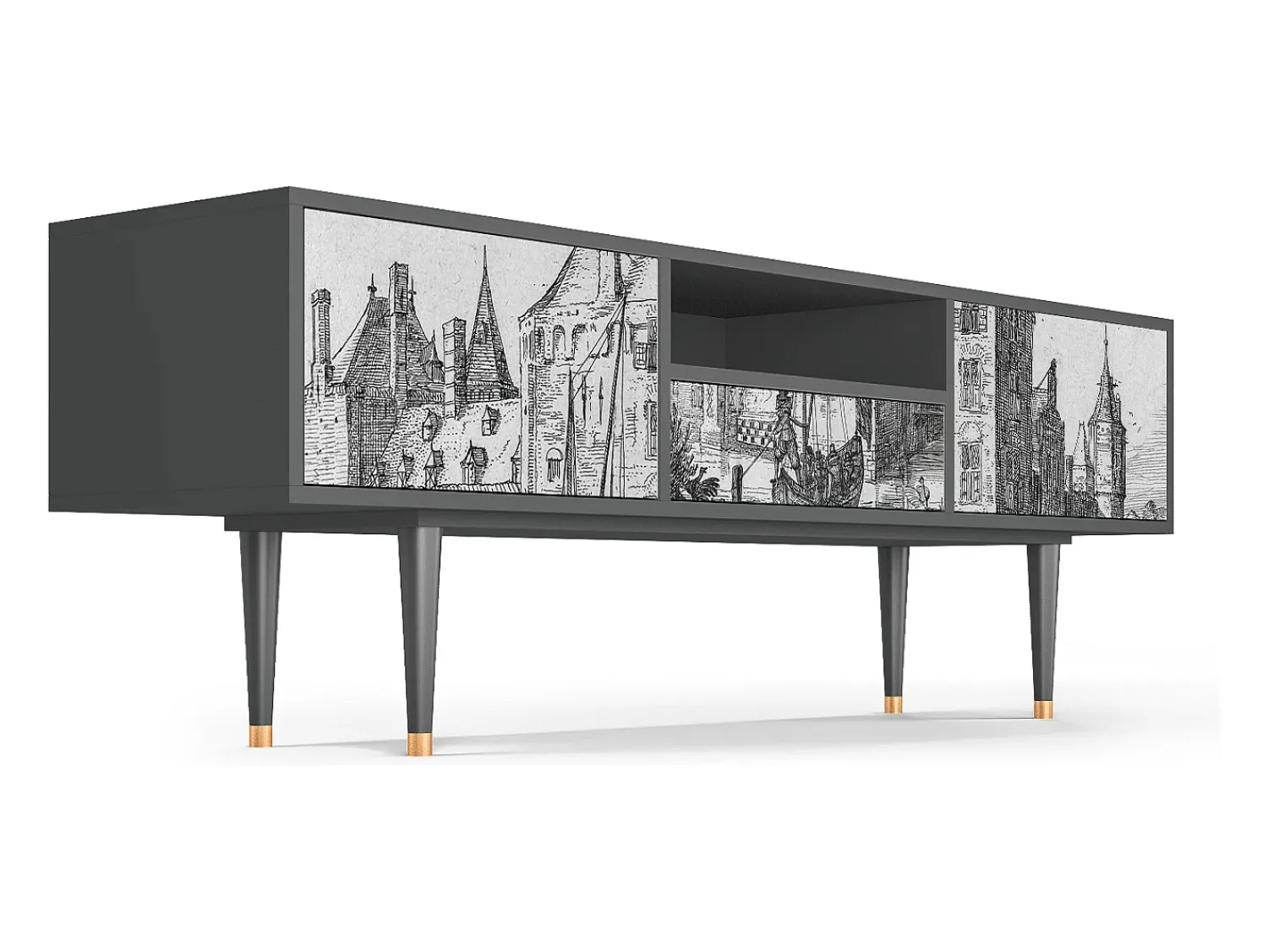 Móvel De Tv* Mueble de TV - 170х59х41 cm - T6 - Castle with Bridge, Antracite Cinza antracite