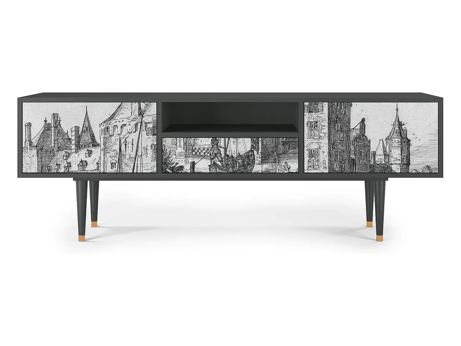 Móvel De Tv* Mueble de TV - 170х59х41 cm - T6 - Castle with Bridge, Antracite Cinza antracite