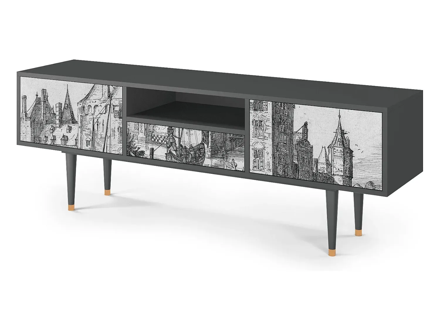 Móvel De Tv* Mueble de TV - 170х59х41 cm - T6 - Castle with Bridge, Antracite Cinza antracite