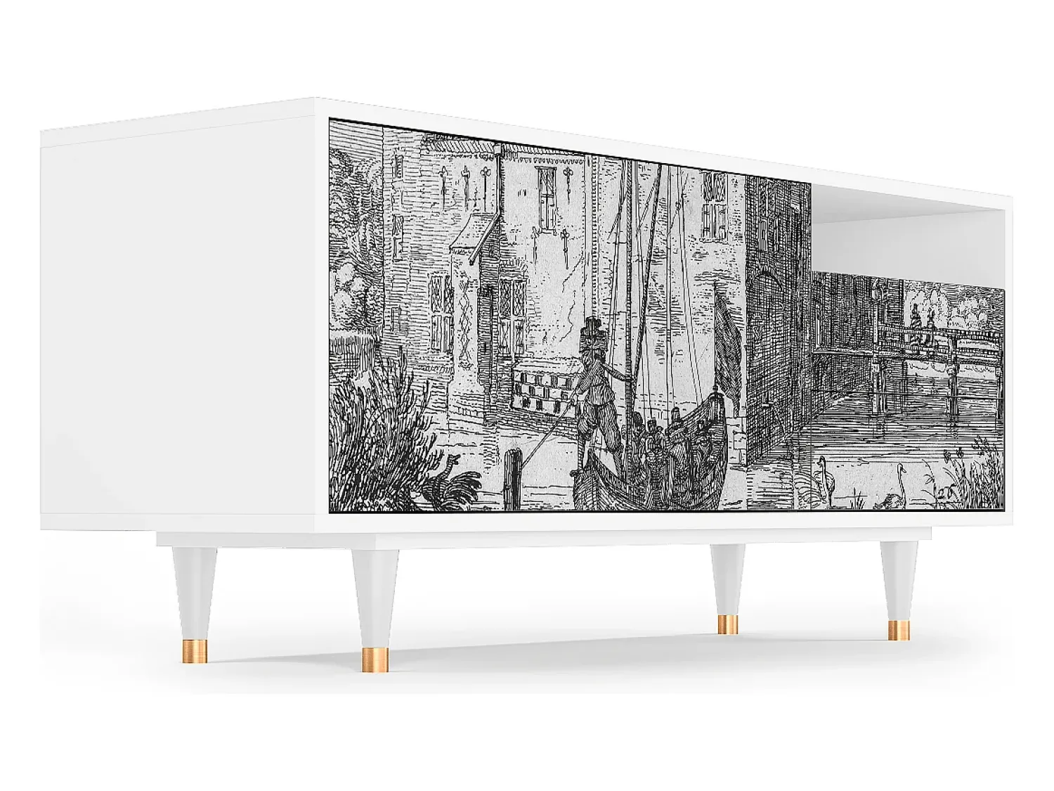 Online Mueble de TV - 125х56х41 cm - T7 - Castle with Bridge, Branco Bege