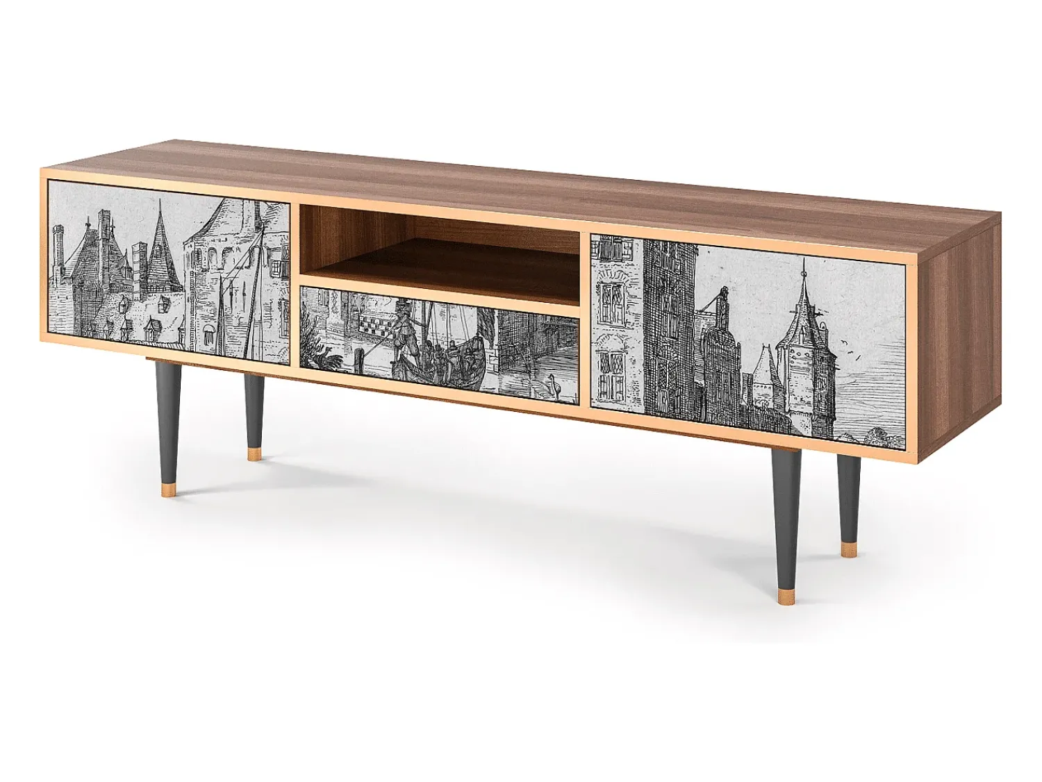 Hot Mueble de TV - 170х59х41 cm - T6 - Castle with Bridge, Nogueira Castanho