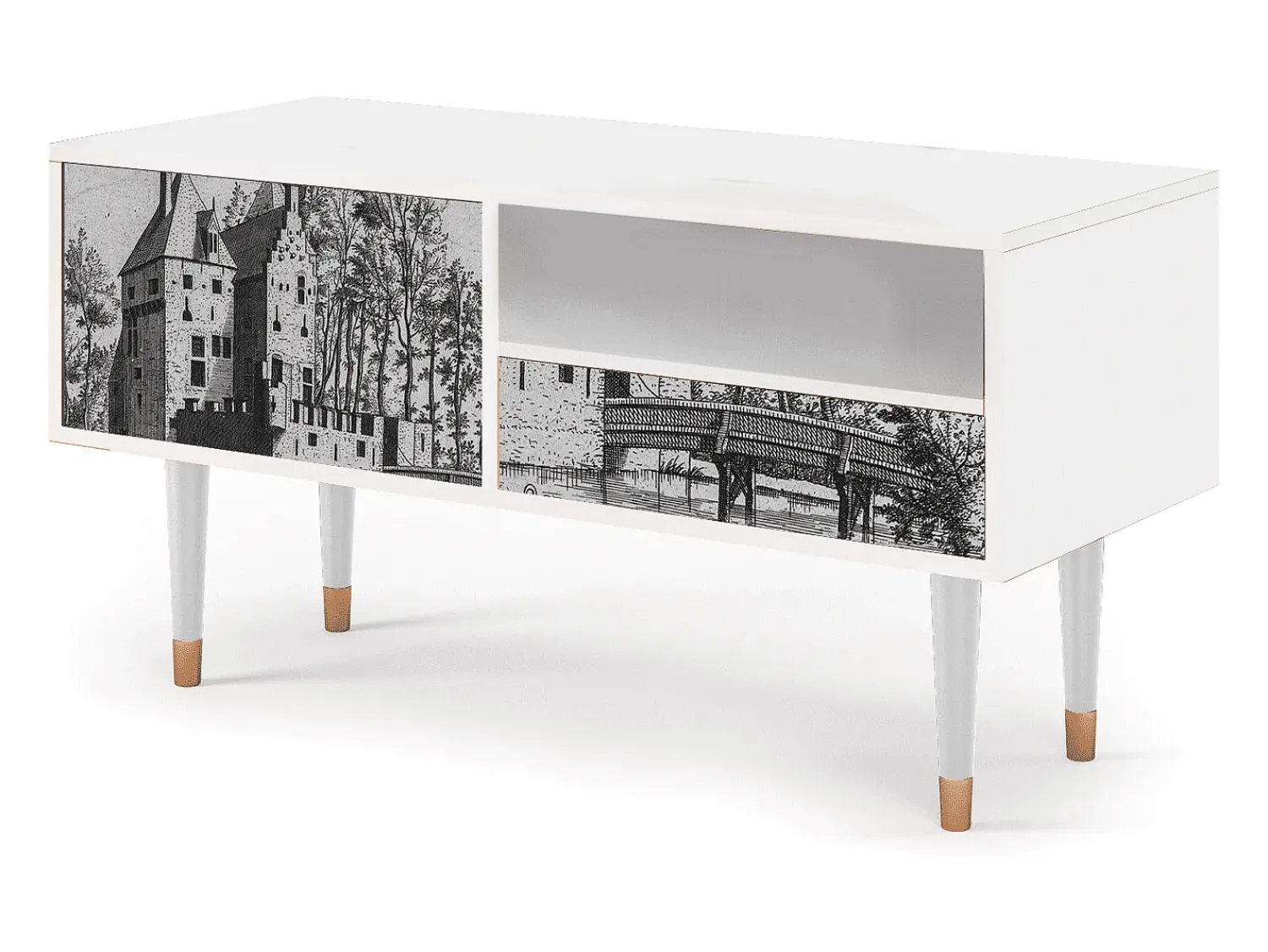 Mueble de TV - 115х59х48 cm - T3 - Castle with Bridge, Branco^ Móvel De Tv