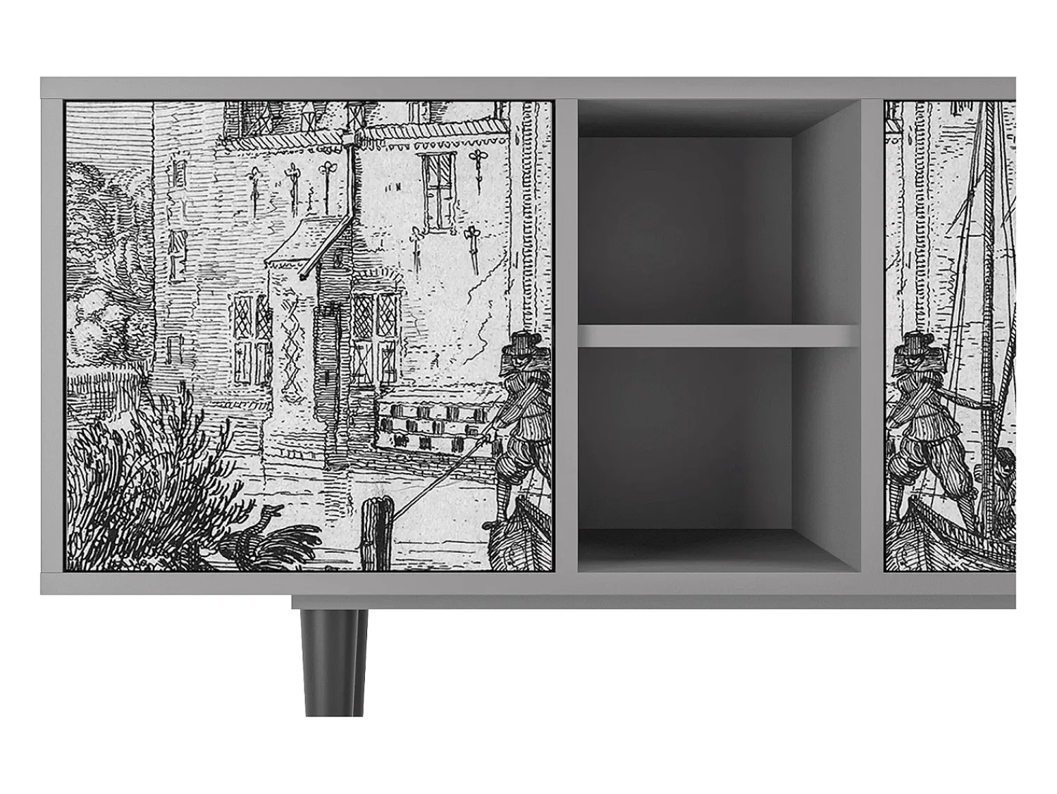 Móvel De Tv* Mueble de TV - 150х69х41 cm - T5 - Castle with Bridge, Cinza Cinzento