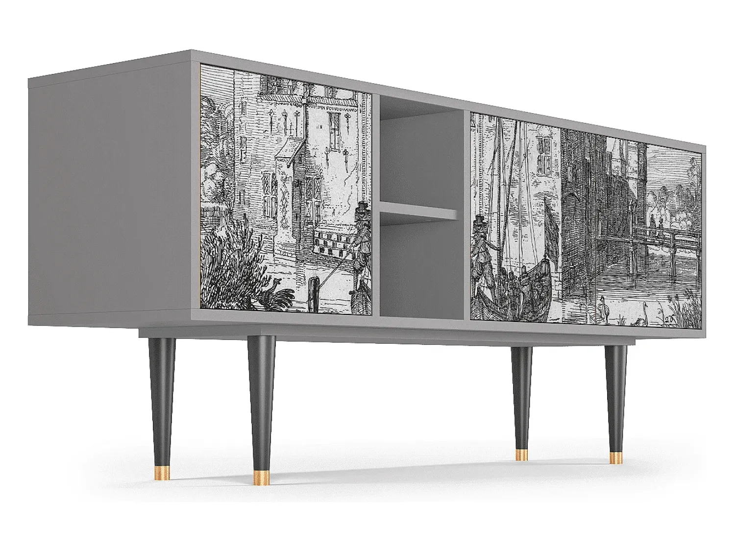 Móvel De Tv* Mueble de TV - 150х69х41 cm - T5 - Castle with Bridge, Cinza Cinzento