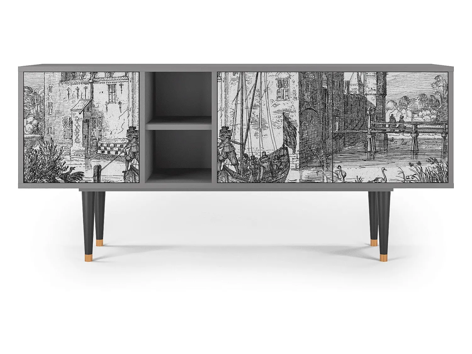 Móvel De Tv* Mueble de TV - 150х69х41 cm - T5 - Castle with Bridge, Cinza Cinzento