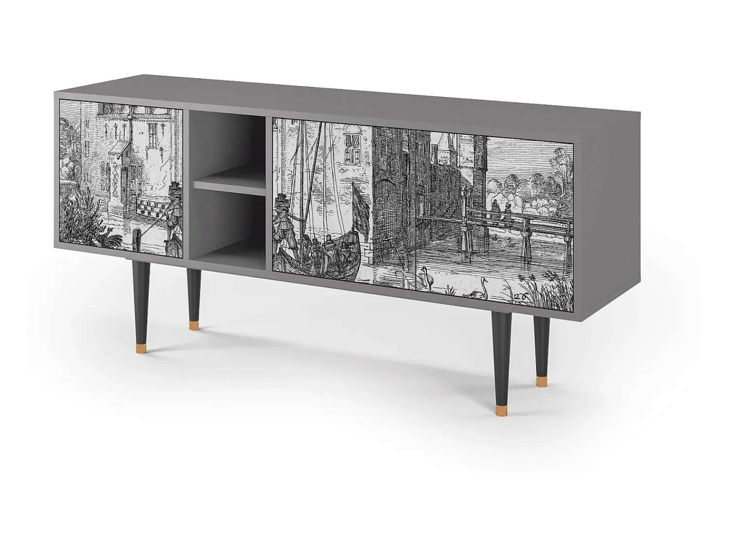 Móvel De Tv* Mueble de TV - 150х69х41 cm - T5 - Castle with Bridge, Cinza Cinzento