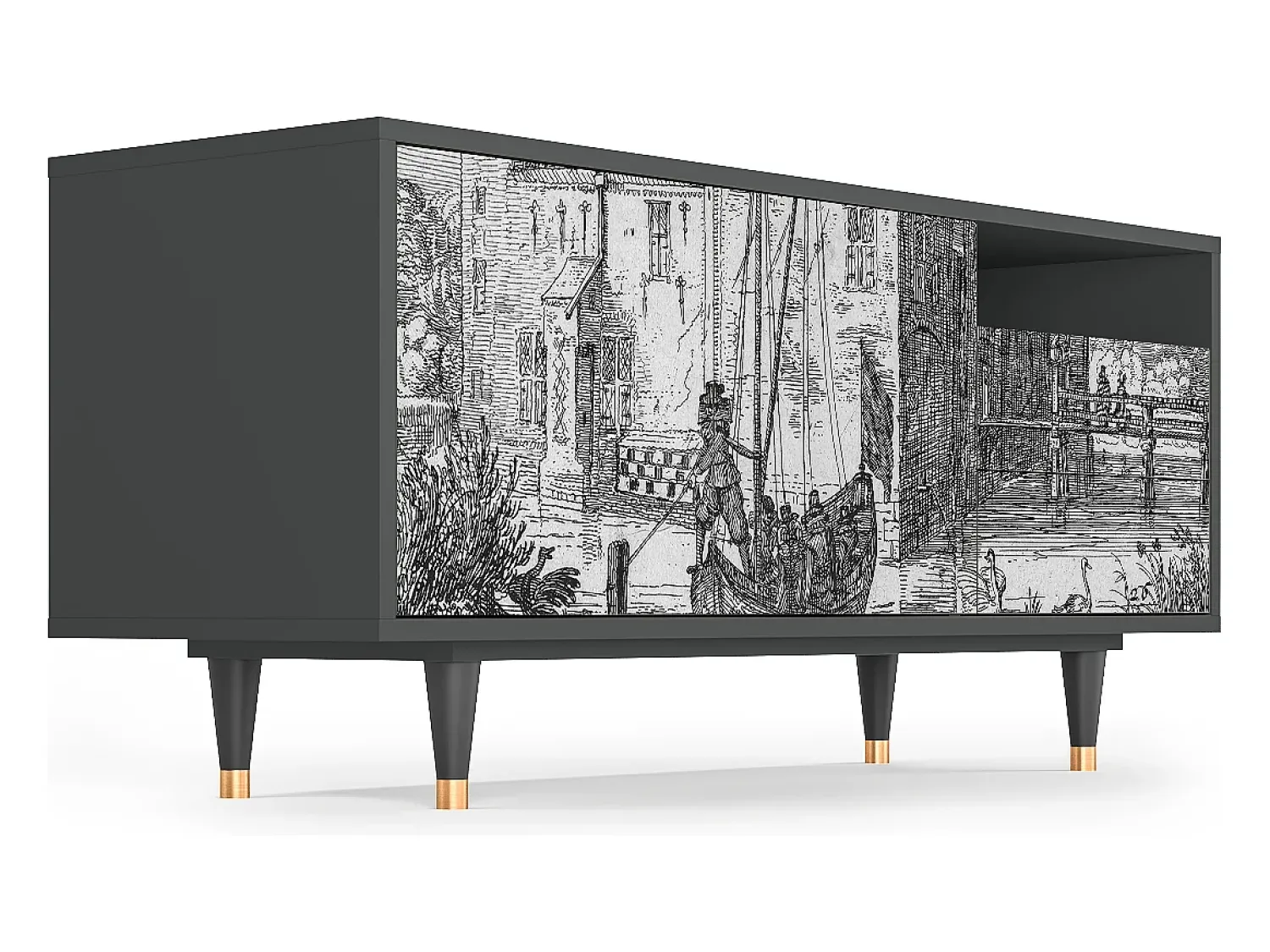Hot Mueble de TV - 125х56х41 cm - T7 - Castle with Bridge, Antracite Cinza antracite