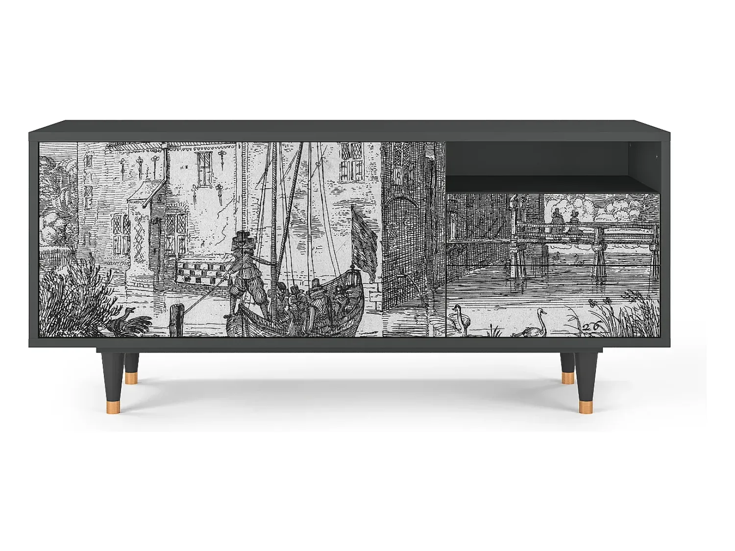 Hot Mueble de TV - 125х56х41 cm - T7 - Castle with Bridge, Antracite Cinza antracite