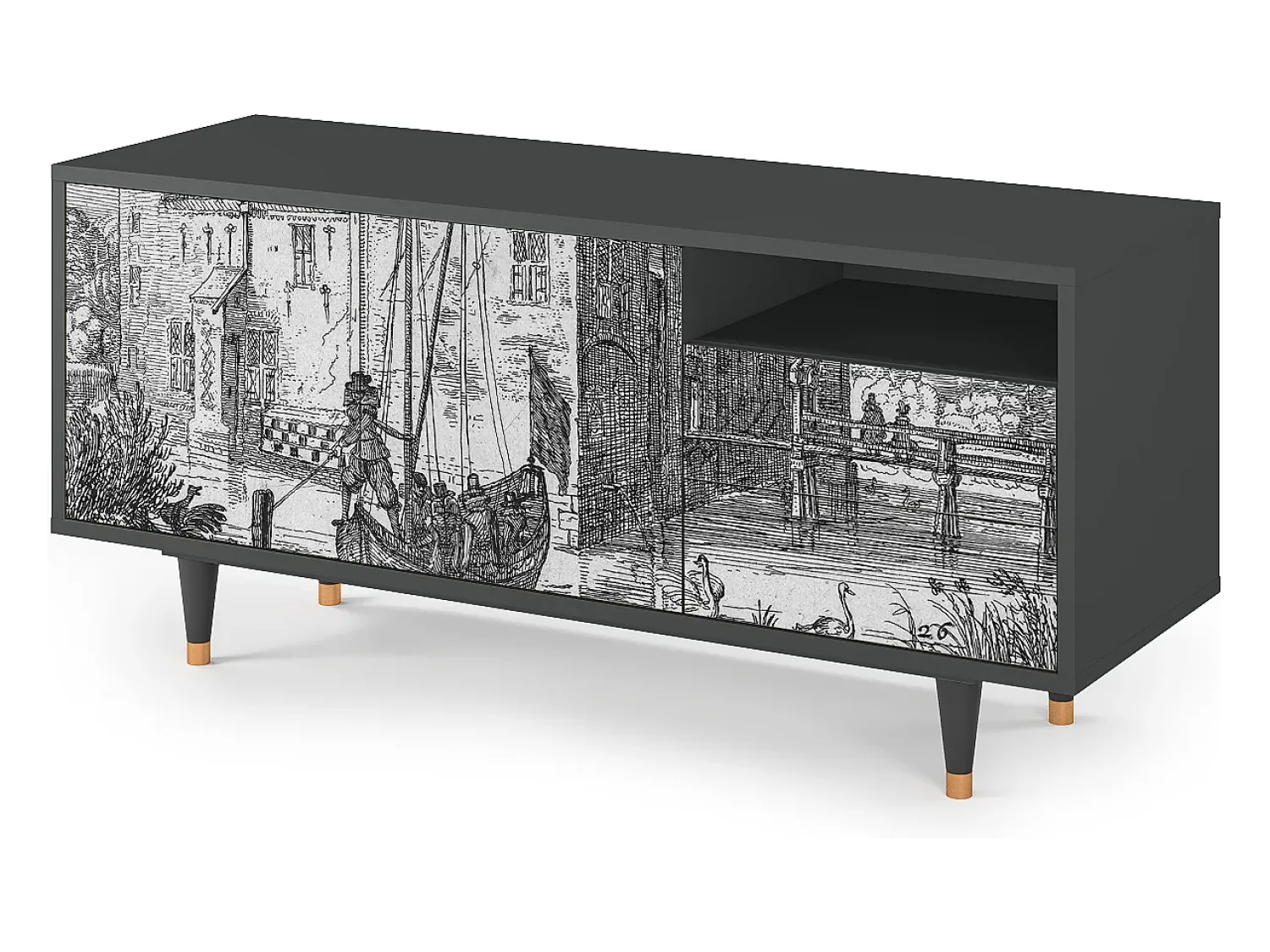 Hot Mueble de TV - 125х56х41 cm - T7 - Castle with Bridge, Antracite Cinza antracite