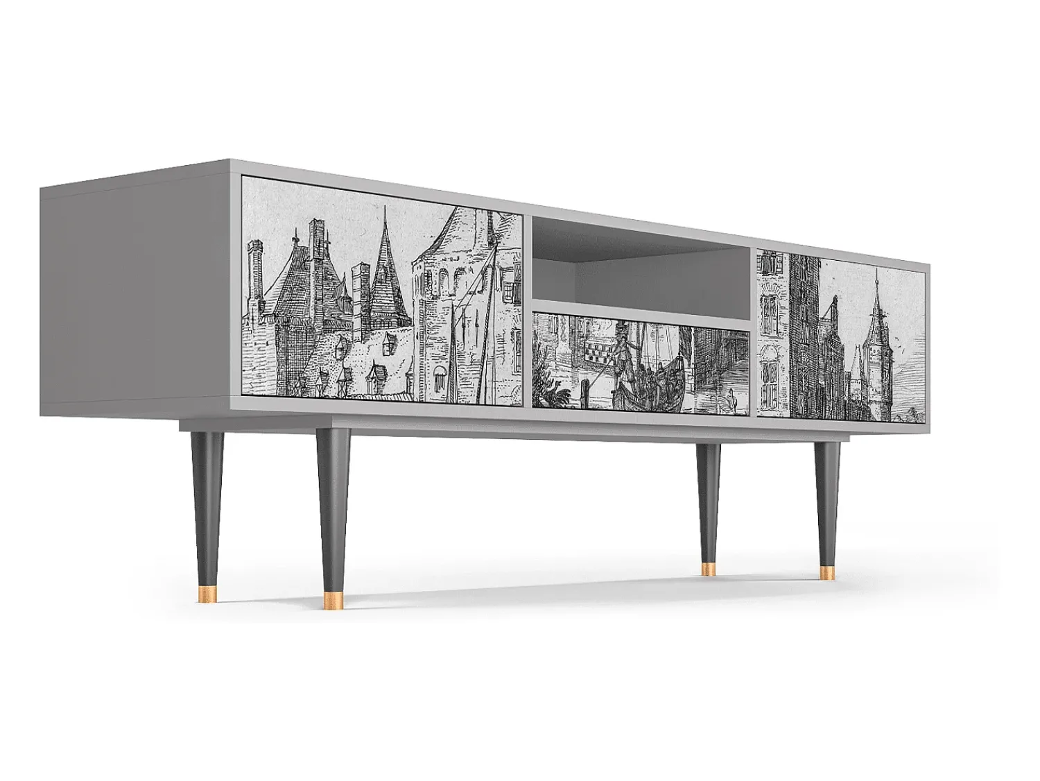Móvel De Tv* Mueble de TV - 170х59х41 cm - T6 - Castle with Bridge, Cinza Cinzento