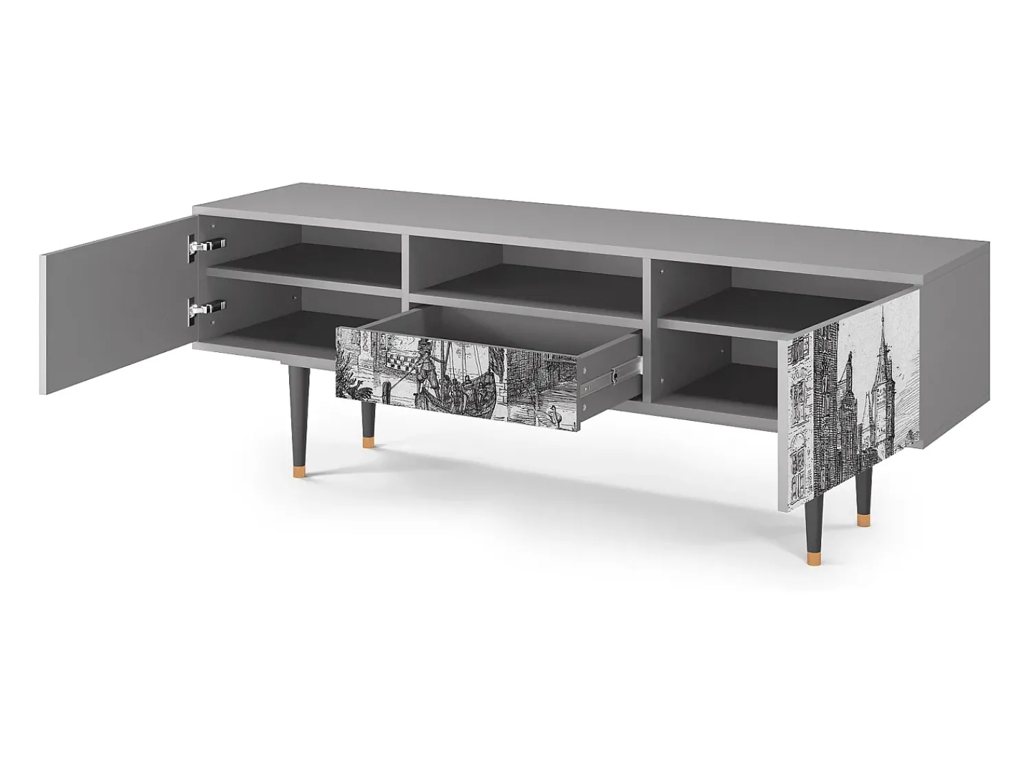 Móvel De Tv* Mueble de TV - 170х59х41 cm - T6 - Castle with Bridge, Cinza Cinzento