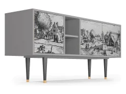 Móvel De Tv| Mueble de TV - 150х69х41 cm - T5 - Country Village, Cinza Cinzento