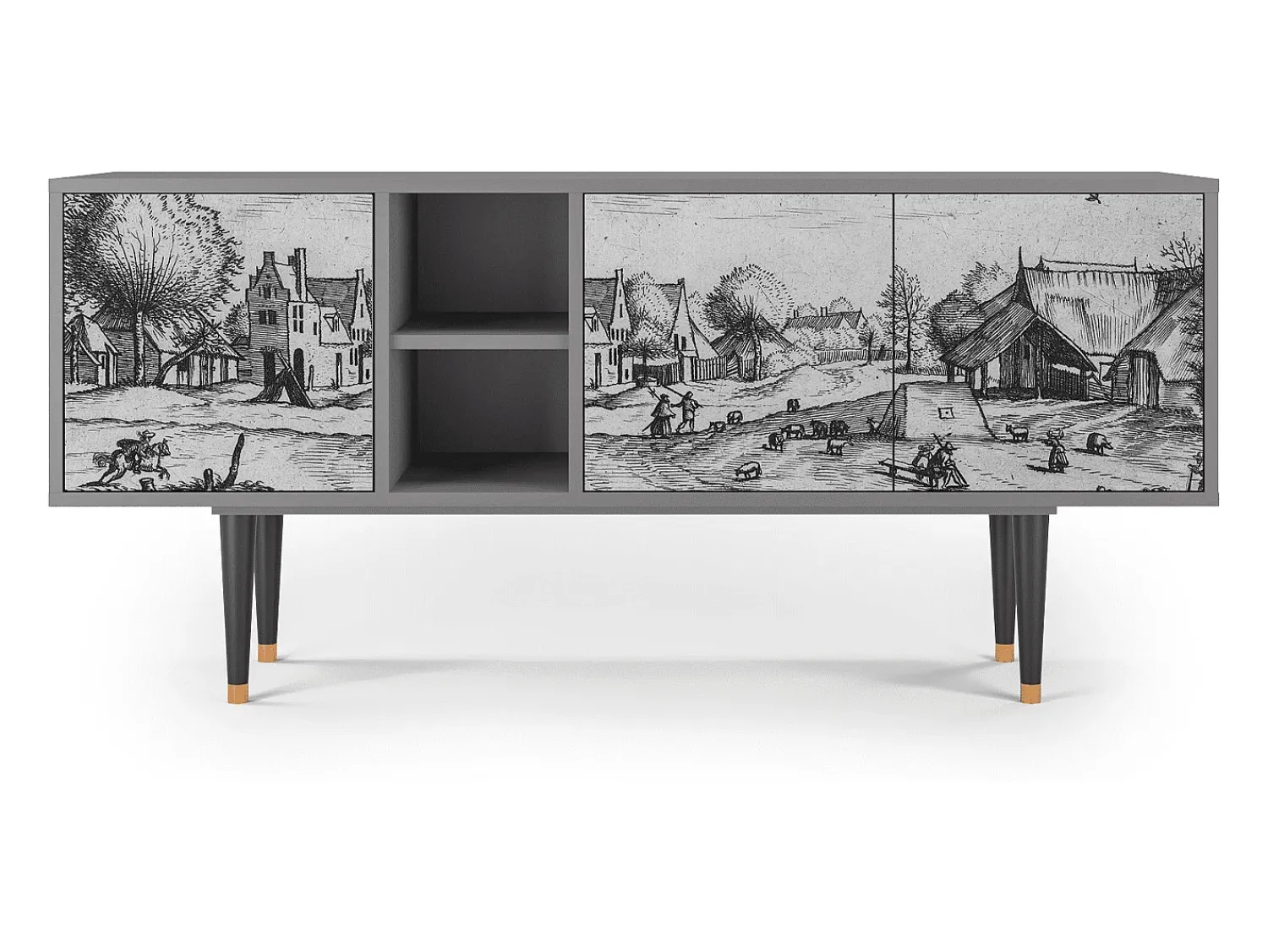 Móvel De Tv| Mueble de TV - 150х69х41 cm - T5 - Country Village, Cinza Cinzento