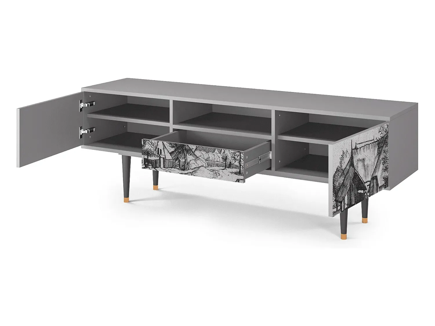 Móvel De Tv* Mueble de TV - 170х59х41 cm - T6 - Country Village, Cinza Cinzento