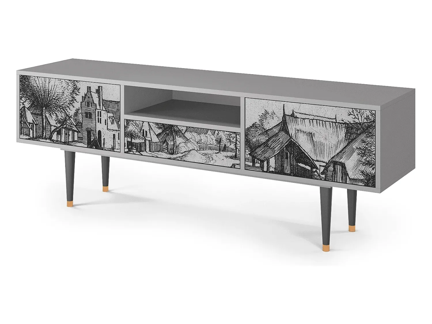 Móvel De Tv* Mueble de TV - 170х59х41 cm - T6 - Country Village, Cinza Cinzento