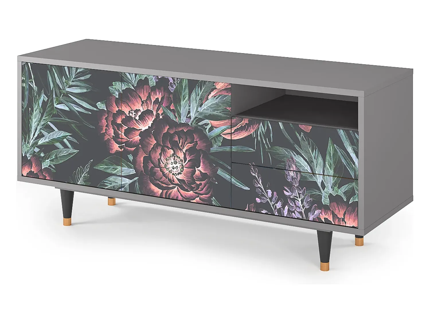 New Mueble de TV - 125х56х41 cm - T7 - Dark Peonies, Cinza Cinzento