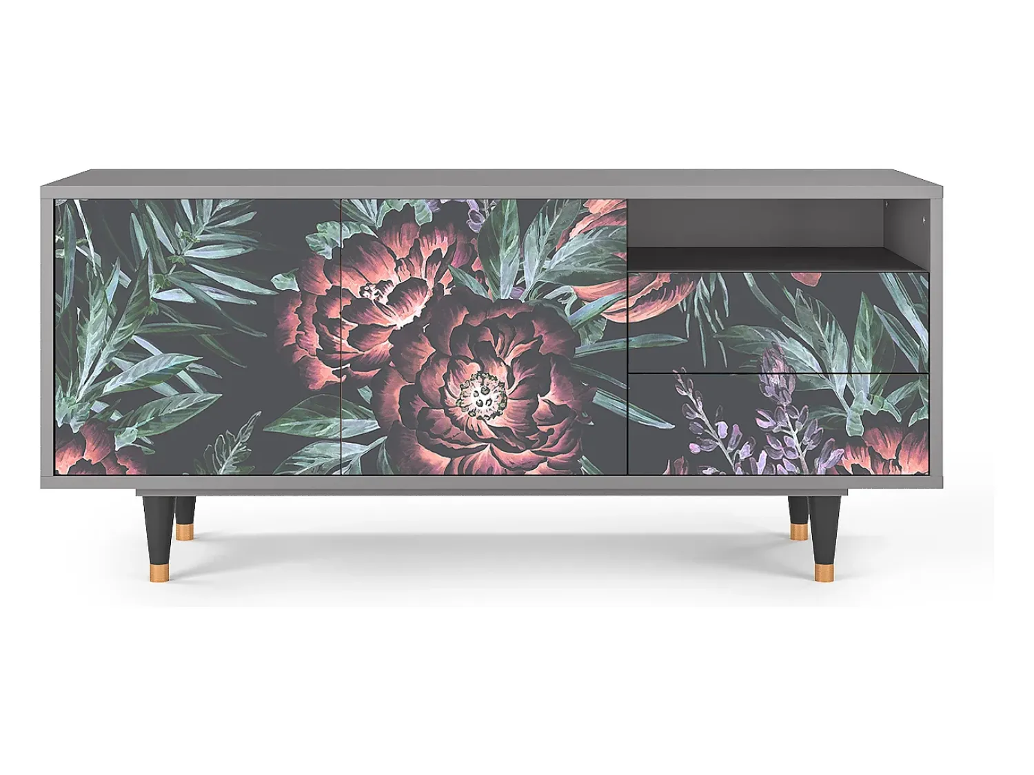 New Mueble de TV - 125х56х41 cm - T7 - Dark Peonies, Cinza Cinzento