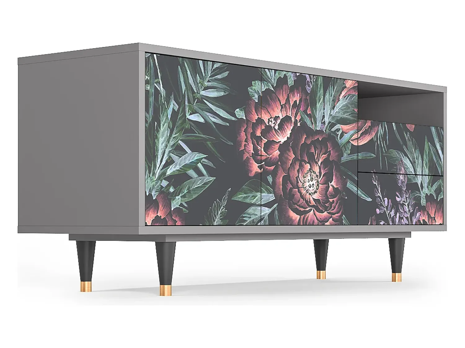 New Mueble de TV - 125х56х41 cm - T7 - Dark Peonies, Cinza Cinzento