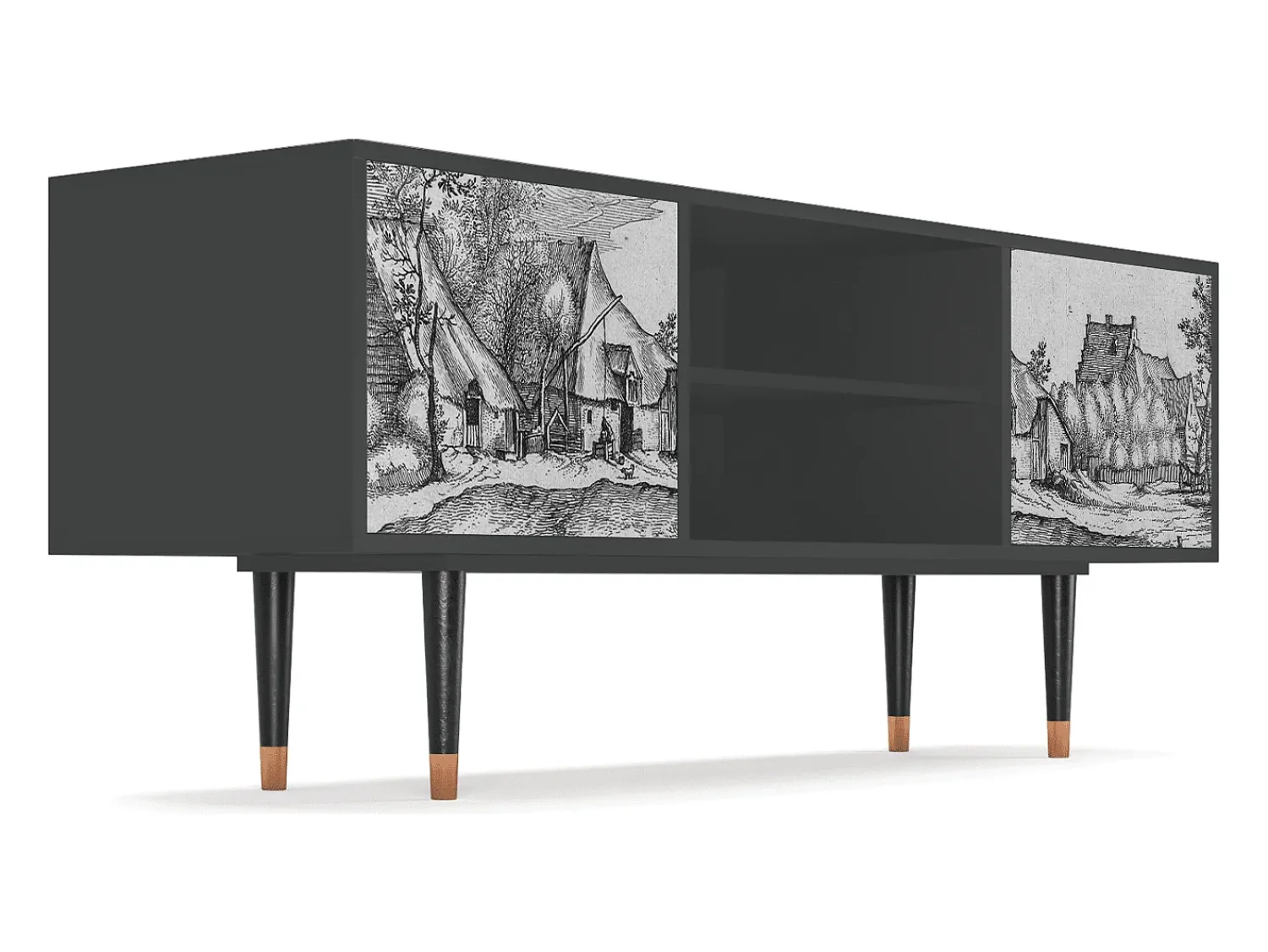Móvel De Tv| Mueble de TV - 170х69х48 cm - T2 - Farms in a Village, Antracite Cinza antracite