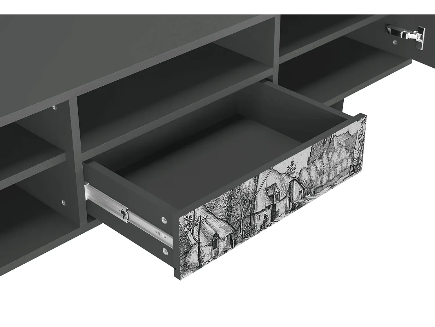 Móvel De Tv* Mueble de TV - 170х59х41 cm - T6 - Farms in a Village, Antracite Cinza antracite
