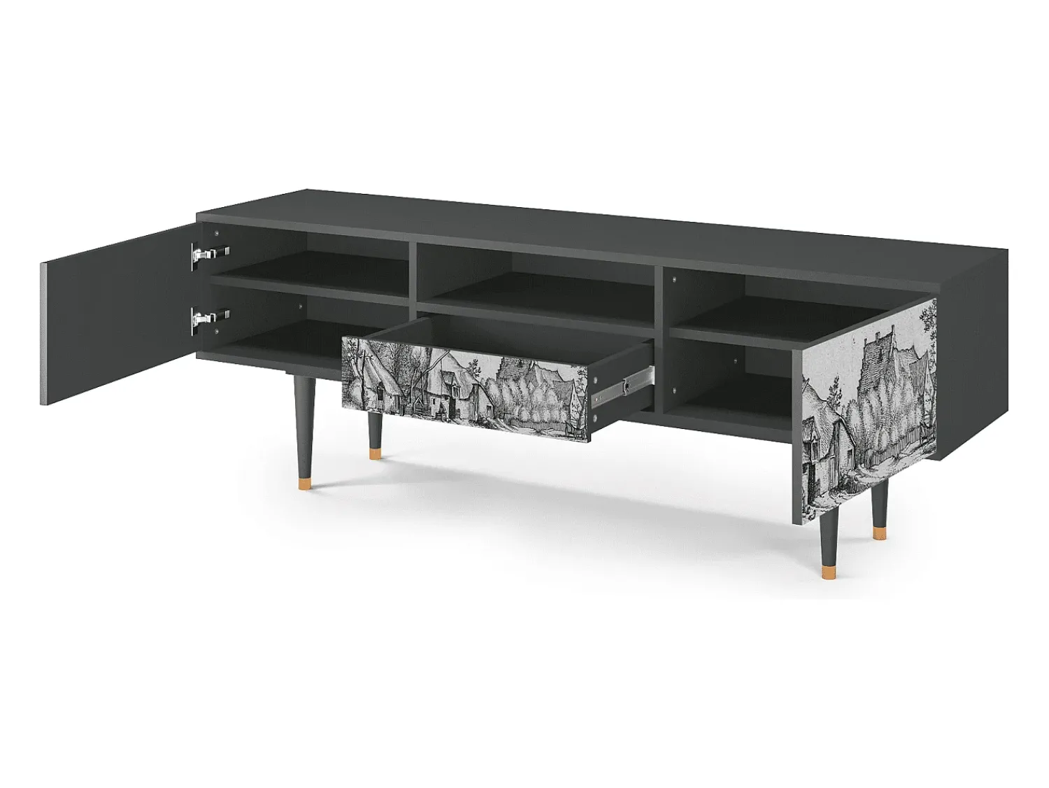 Móvel De Tv* Mueble de TV - 170х59х41 cm - T6 - Farms in a Village, Antracite Cinza antracite