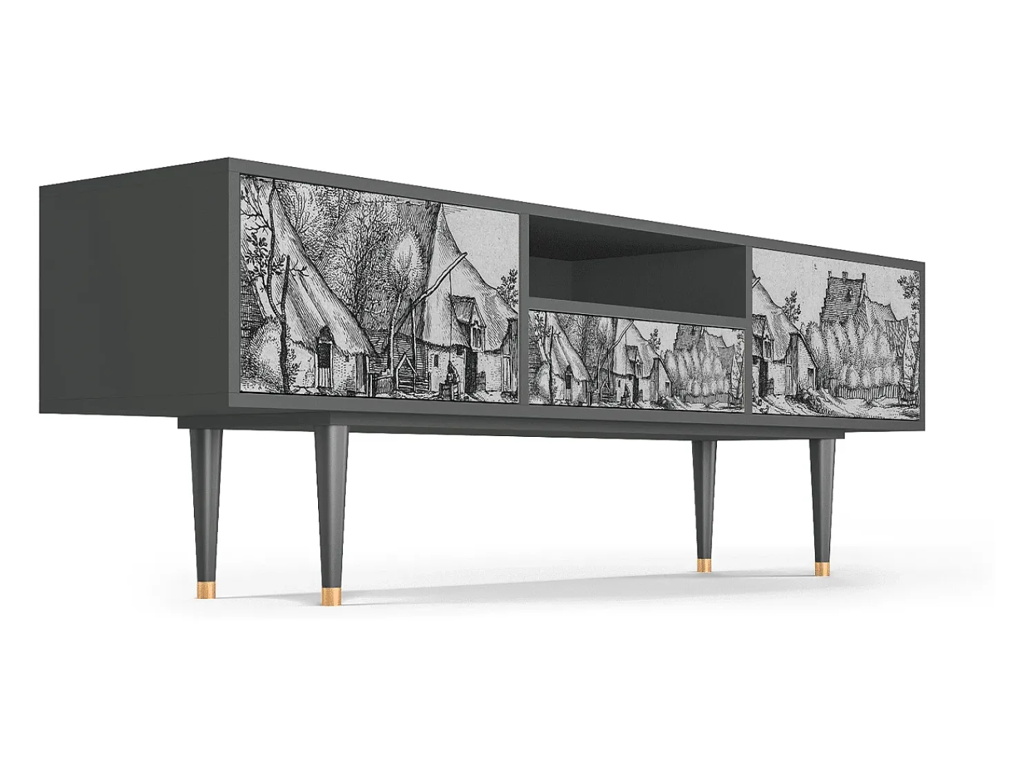 Móvel De Tv* Mueble de TV - 170х59х41 cm - T6 - Farms in a Village, Antracite Cinza antracite