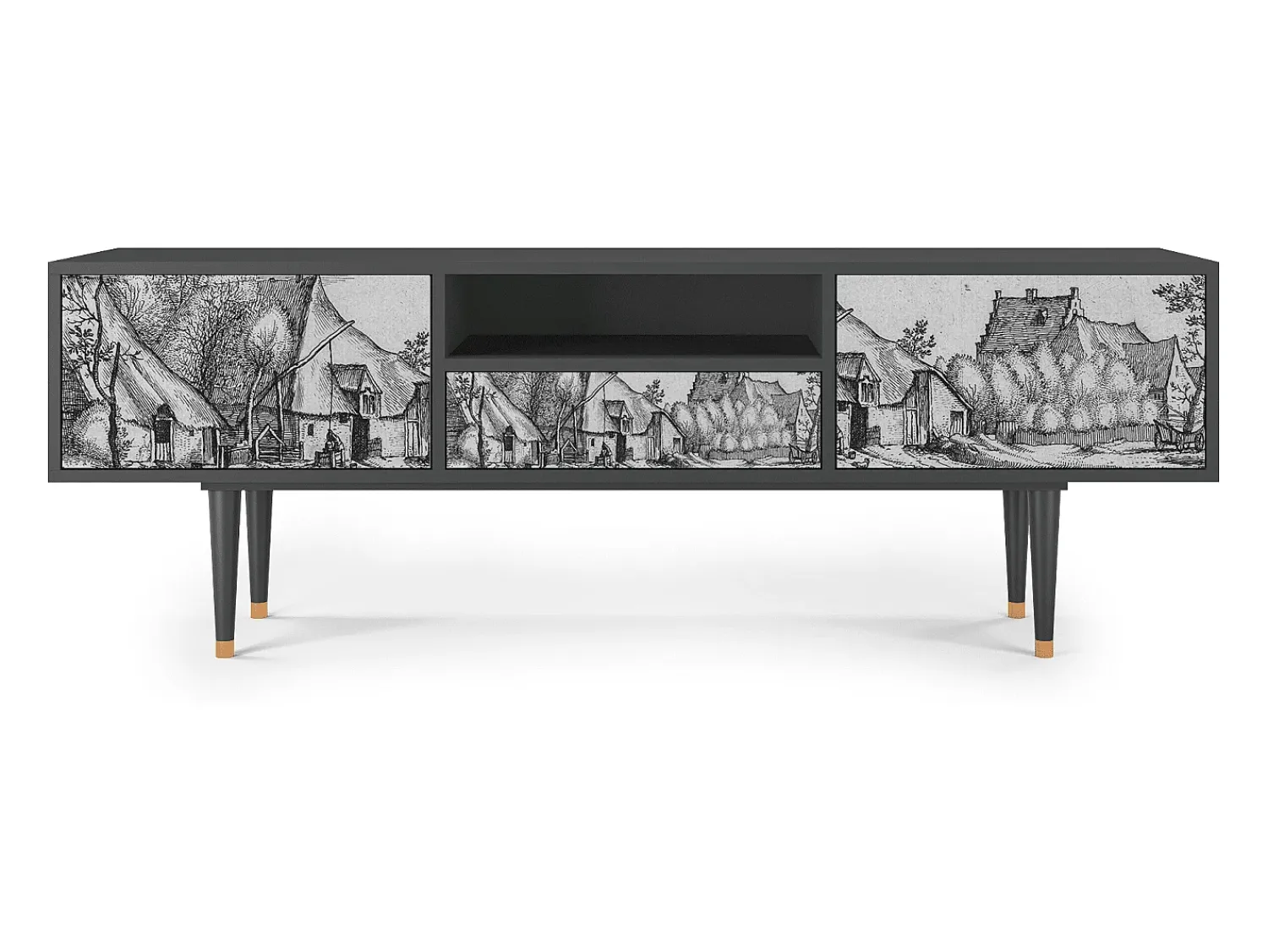 Móvel De Tv* Mueble de TV - 170х59х41 cm - T6 - Farms in a Village, Antracite Cinza antracite