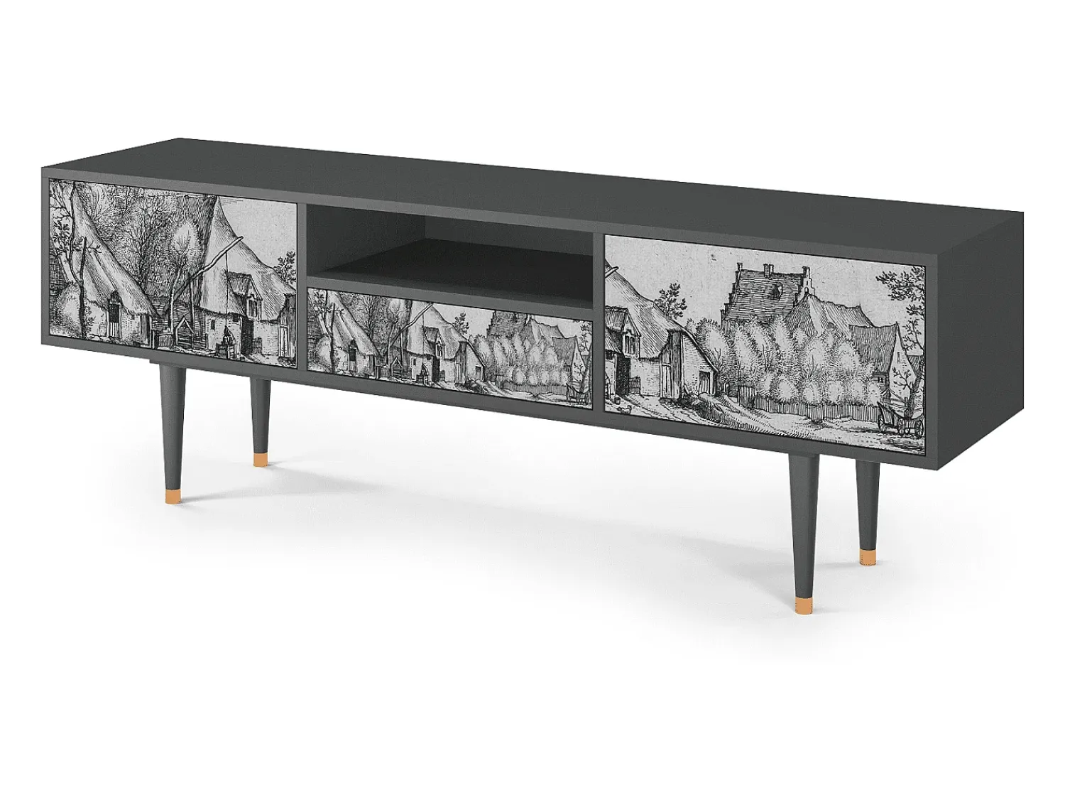 Móvel De Tv* Mueble de TV - 170х59х41 cm - T6 - Farms in a Village, Antracite Cinza antracite