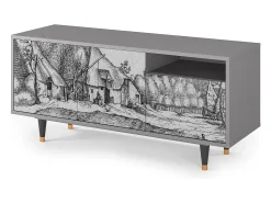 Móvel De Tv| Mueble de TV - 125х56х41 cm - T7 - Farms in a Village, Cinza Cinzento