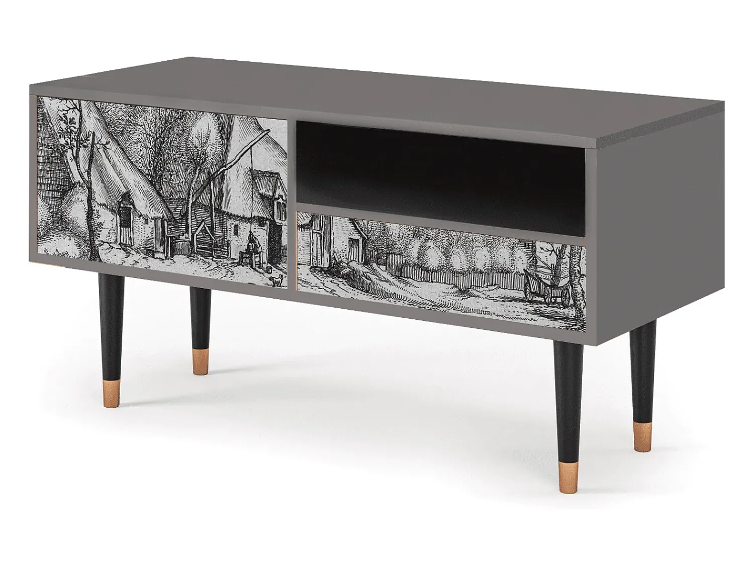Móvel De Tv| Mueble de TV - 115х59х48 cm - T3 - Farms in a Village, Cinza Cinzento