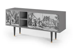 Móvel De Tv* Mueble de TV - 150х69х41 cm - T5 - Farms in a Village, Cinza Cinzento
