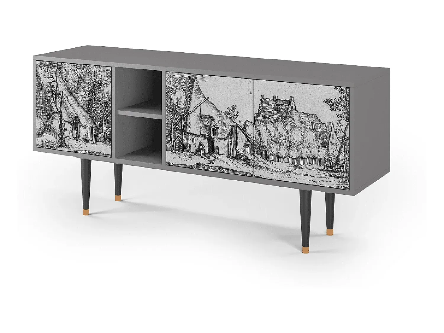 Móvel De Tv* Mueble de TV - 150х69х41 cm - T5 - Farms in a Village, Cinza Cinzento