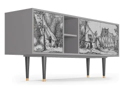 Móvel De Tv* Mueble de TV - 150х69х41 cm - T5 - Farms in a Village, Cinza Cinzento