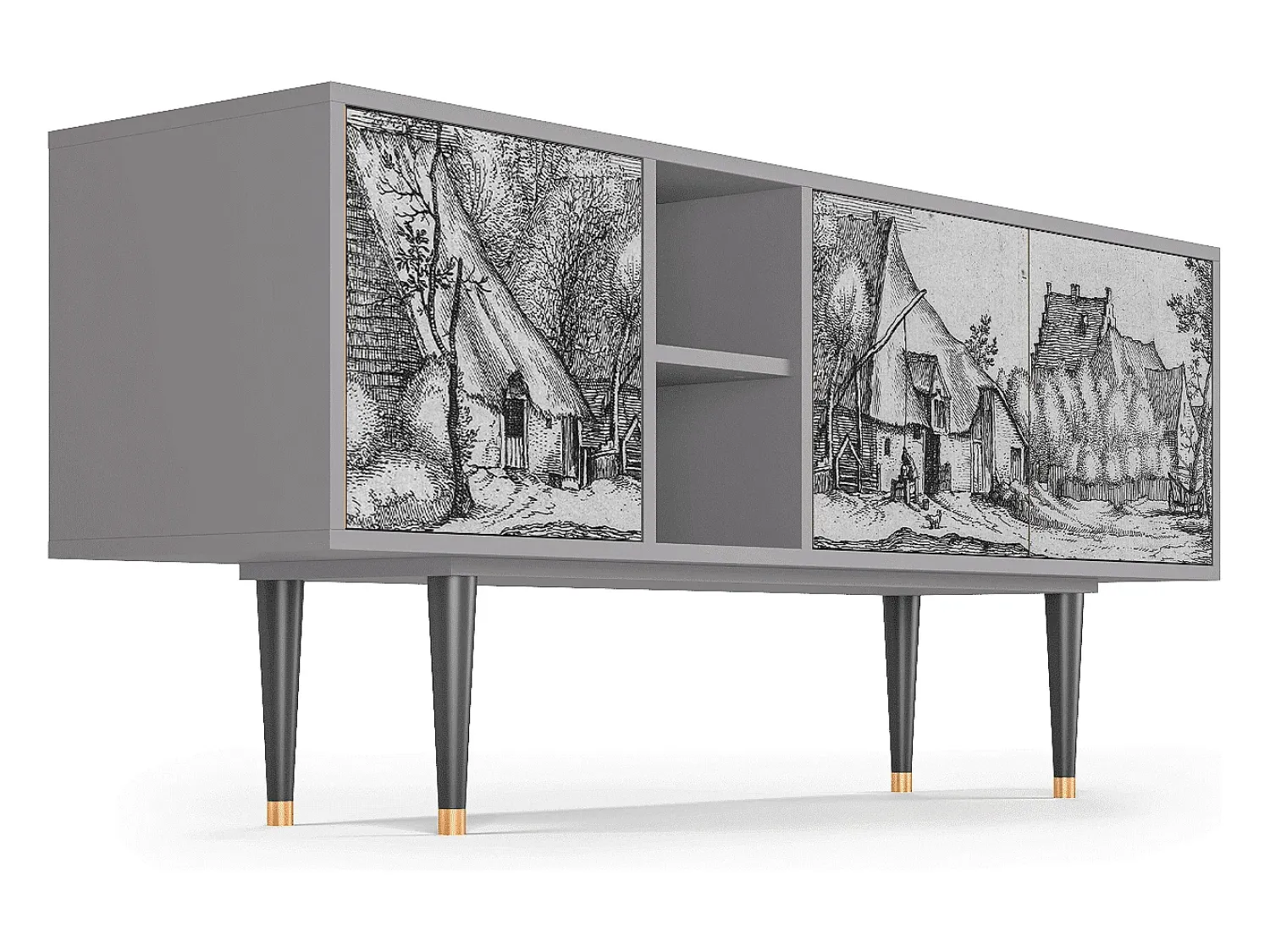 Móvel De Tv* Mueble de TV - 150х69х41 cm - T5 - Farms in a Village, Cinza Cinzento