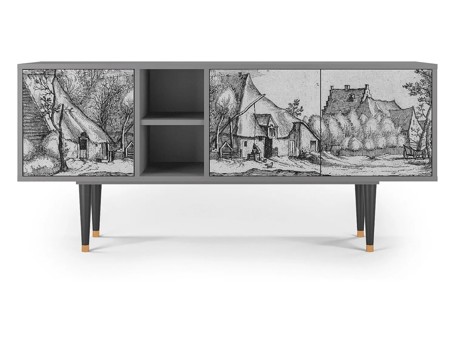 Móvel De Tv* Mueble de TV - 150х69х41 cm - T5 - Farms in a Village, Cinza Cinzento