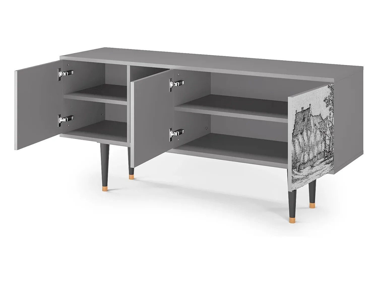 Móvel De Tv* Mueble de TV - 150х69х41 cm - T5 - Farms in a Village, Cinza Cinzento
