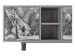 Móvel De Tv* Mueble de TV - 150х69х41 cm - T5 - Farms in a Village, Cinza Cinzento