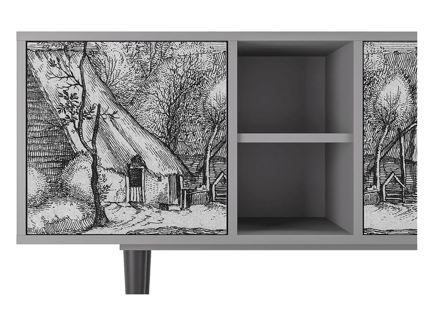 Móvel De Tv* Mueble de TV - 150х69х41 cm - T5 - Farms in a Village, Cinza Cinzento