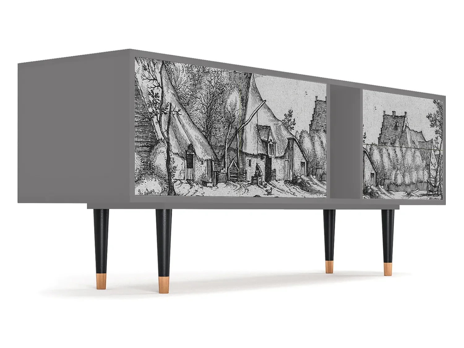 Outlet Mueble de TV - 170х69х48 cm - T1 - Farms in a Village, Cinza Cinzento
