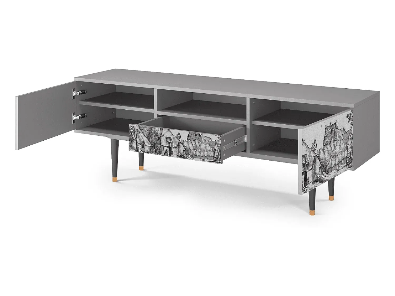 Online Mueble de TV - 170х59х41 cm - T6 - Farms in a Village, Cinza Cinzento
