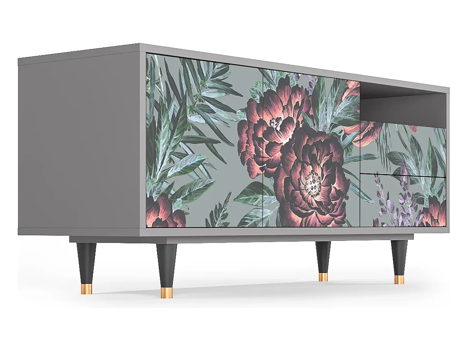 Móvel De Tv| Mueble de TV - 125х56х41 cm - T7 - Light Peonies, Cinza Cinzento