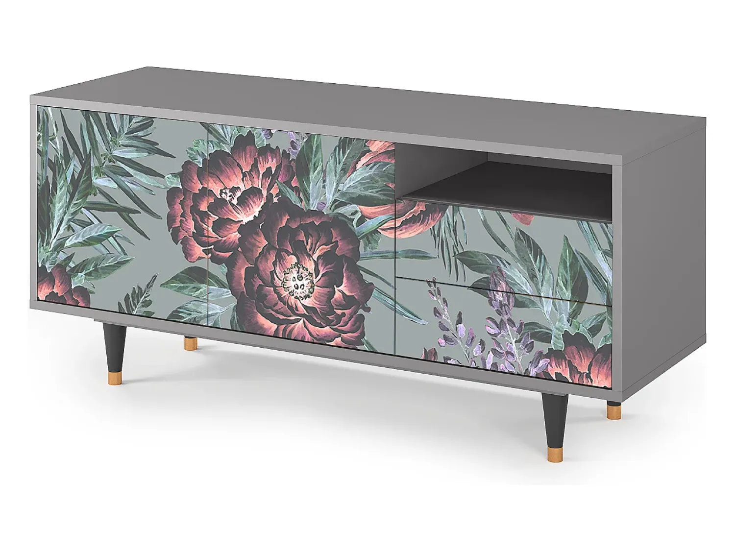 Móvel De Tv| Mueble de TV - 125х56х41 cm - T7 - Light Peonies, Cinza Cinzento
