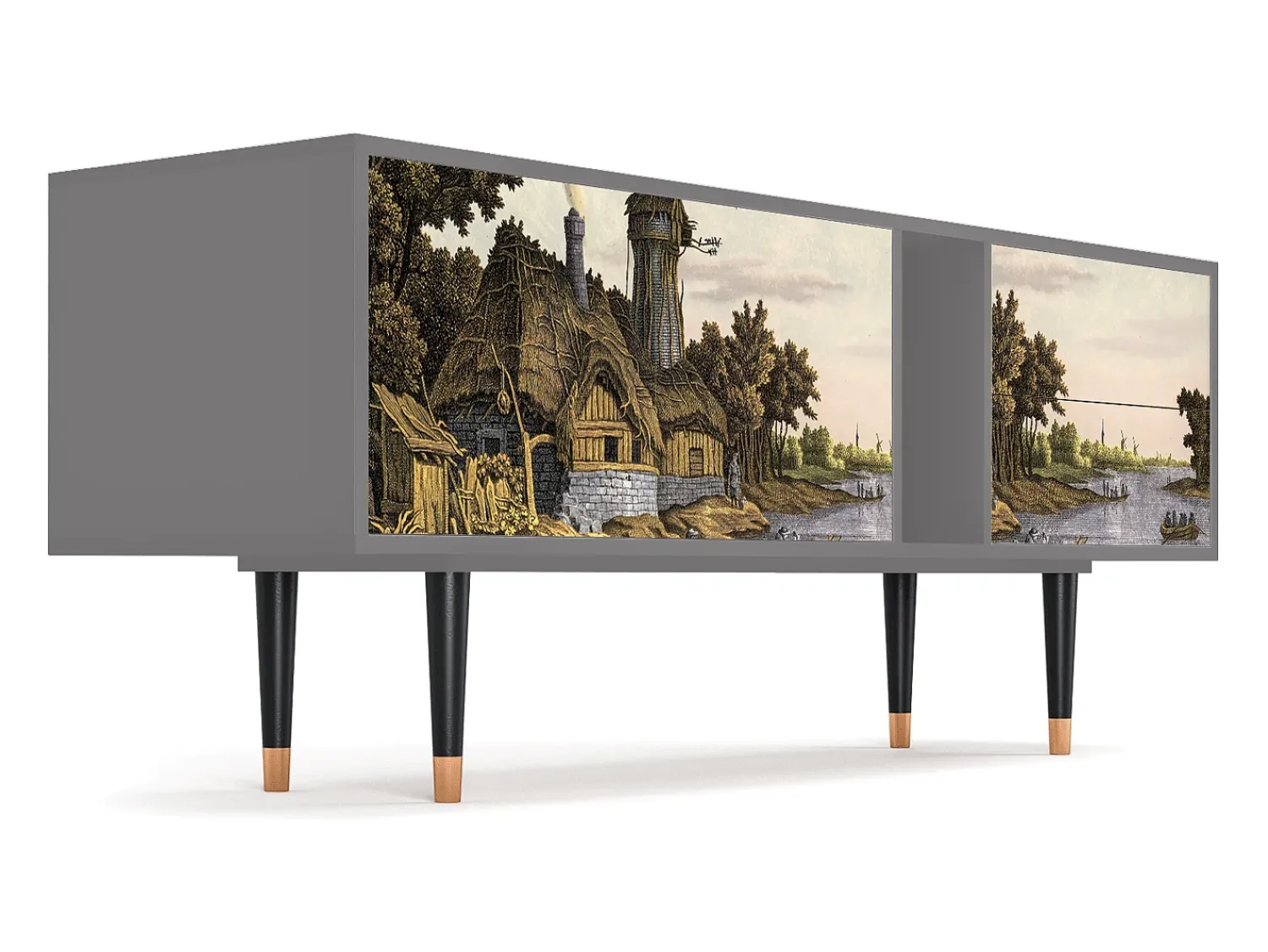 Móvel De Tv| Mueble de TV - 170х69х48 cm - T1 - Mill along a River, Cinza Cinzento