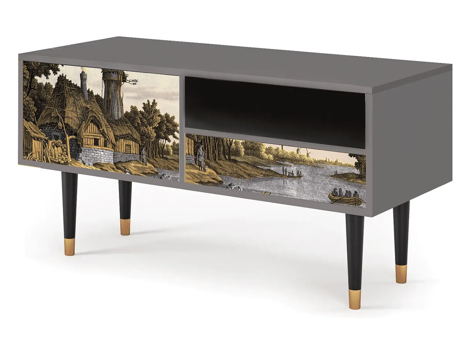 Móvel De Tv* Mueble de TV - 115х59х48 cm - T3 - Mill along a River, Cinza Cinzento