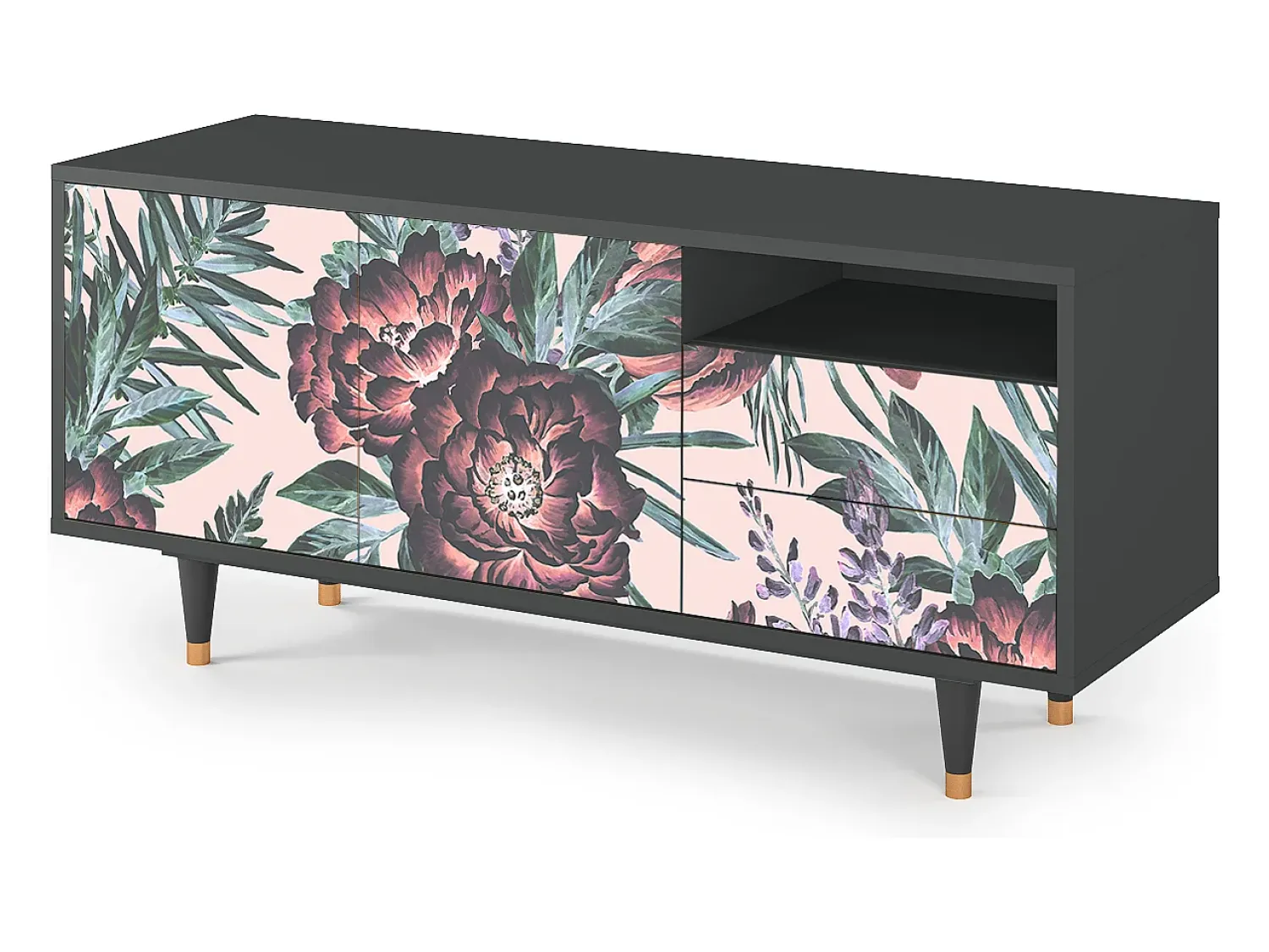 Móvel De Tv| Mueble de TV - 125х56х41 cm - T7 - Peach Peonies, Antracite Cinza antracite